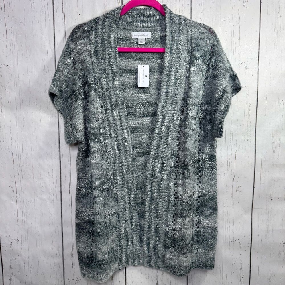 Christopher & Banks Gray Open Knit Cardigan Short Sleeve Sweater L Wool Blend